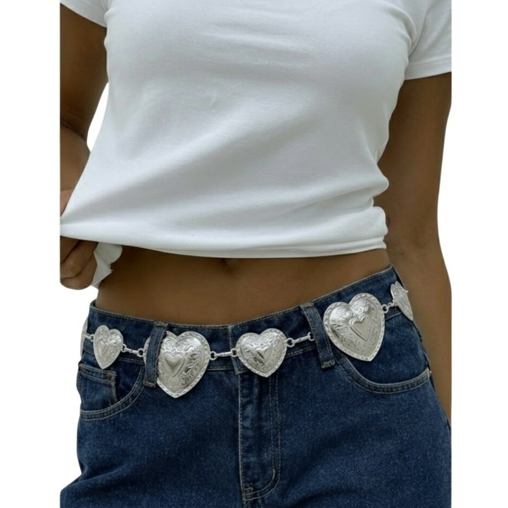 NEW Silver Heart Link Chain Belt Vintage Style Y2K Statement Waist Accessory